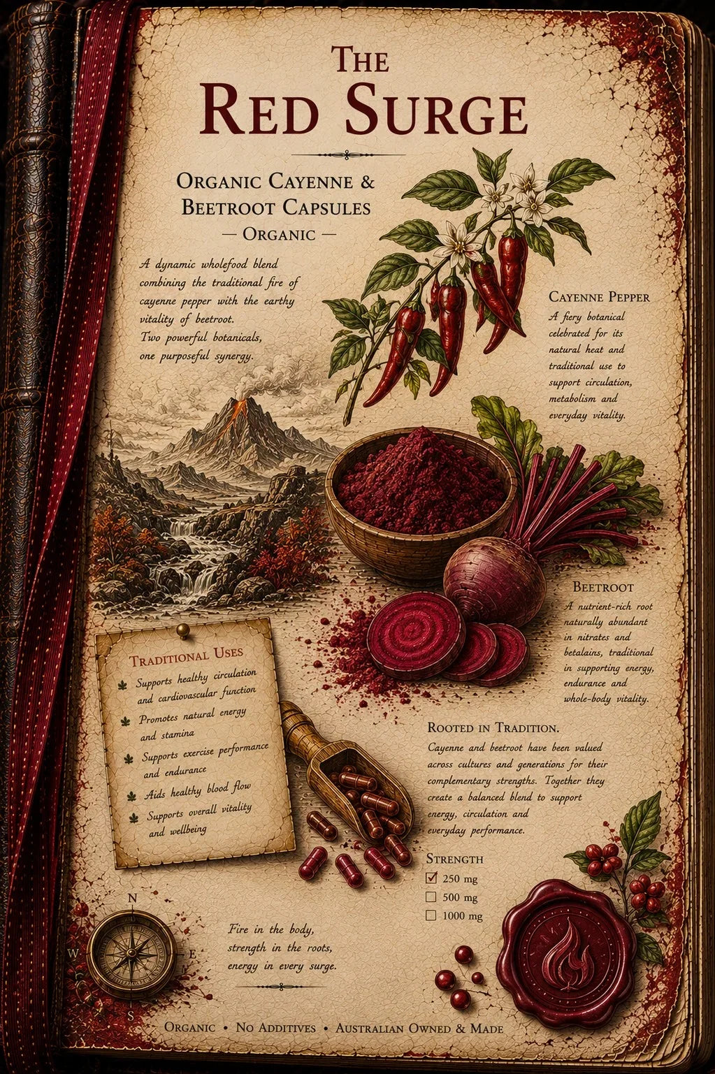 A vintage-style illustrated product card titled 'The Red Surge' showing organic cayenne and beetroot capsules, with illustrations of red peppers, beetroots, a mountain scene, a compass, and text panels on aged parchment.