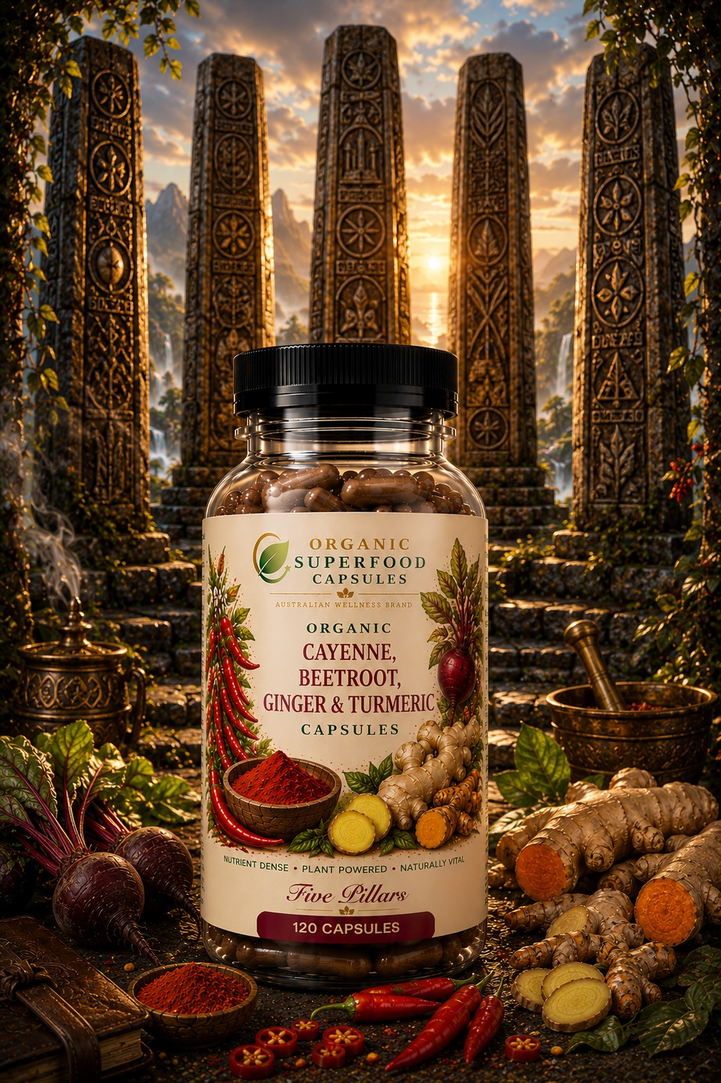 Organic Cayenne, Beetroot, Ginger & Turmeric Capsules | Five Pillars