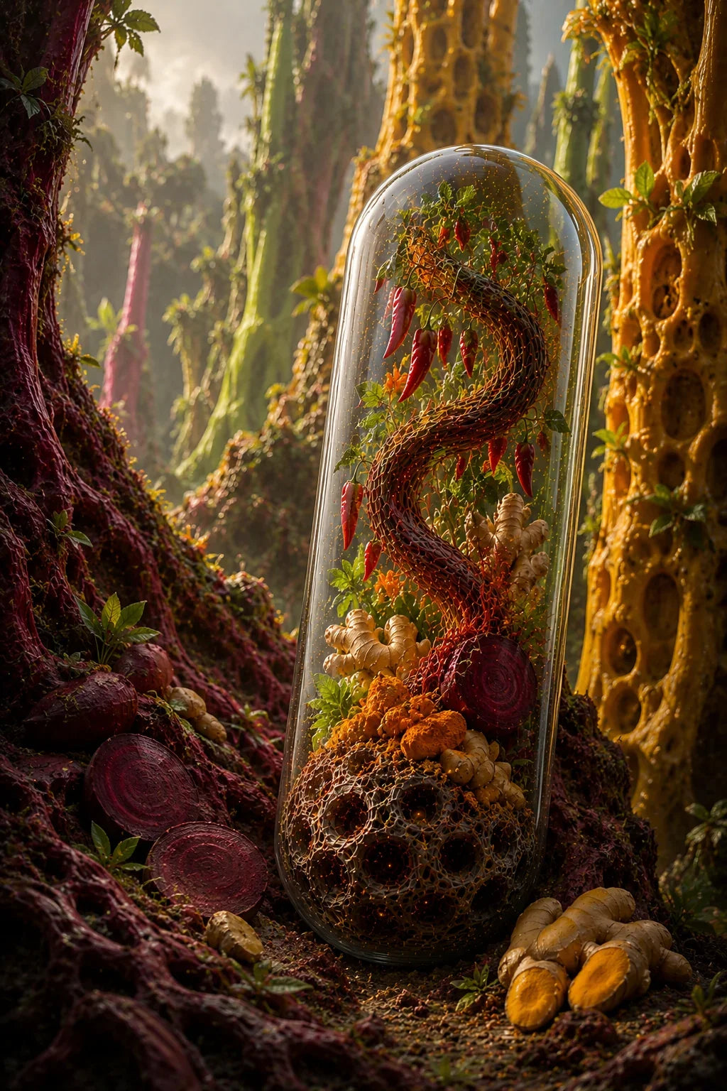 Close-up of a terrarium with plants and coral-like structures, surrounded by natural elements. ok next product Organic Cayenne, Beetroot, Ginger & Turmeric Capsules | Five Pillars