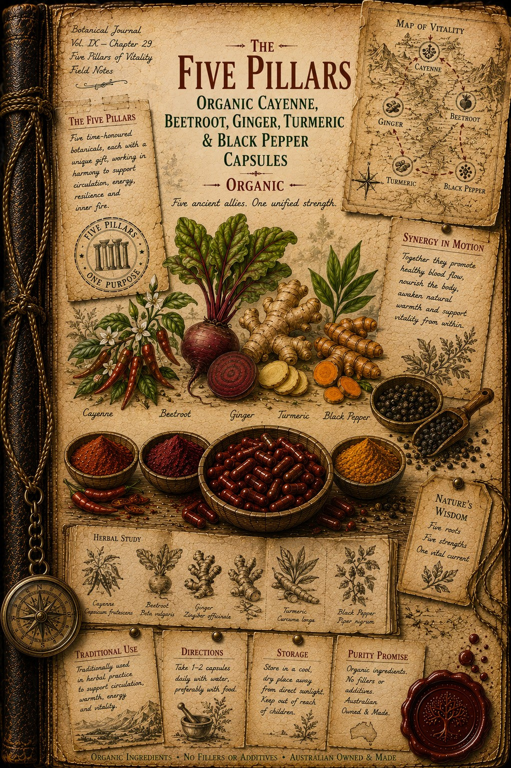 Vintage-style illustrated book cover for 'The Five Pillars Organic Cayenne, Beetroot, Ginger, Turmeric & Black Pepper Capsules'. The cover features aged parchment pages with illustrations of whole spices, seeds, herbs, and a compass, framed by a dark leather spine on the left.