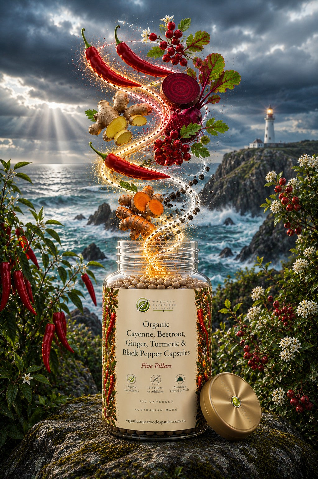 A glass jar of organic cayenne, beetroot, ginger, turmeric, and black pepper capsules sits on a rocky cliffside with a dramatic ocean and lighthouse background. A swirling spiral of colorful ingredients and glowing light trails emerges from the open jar, with a gold-toned lid resting beside it.