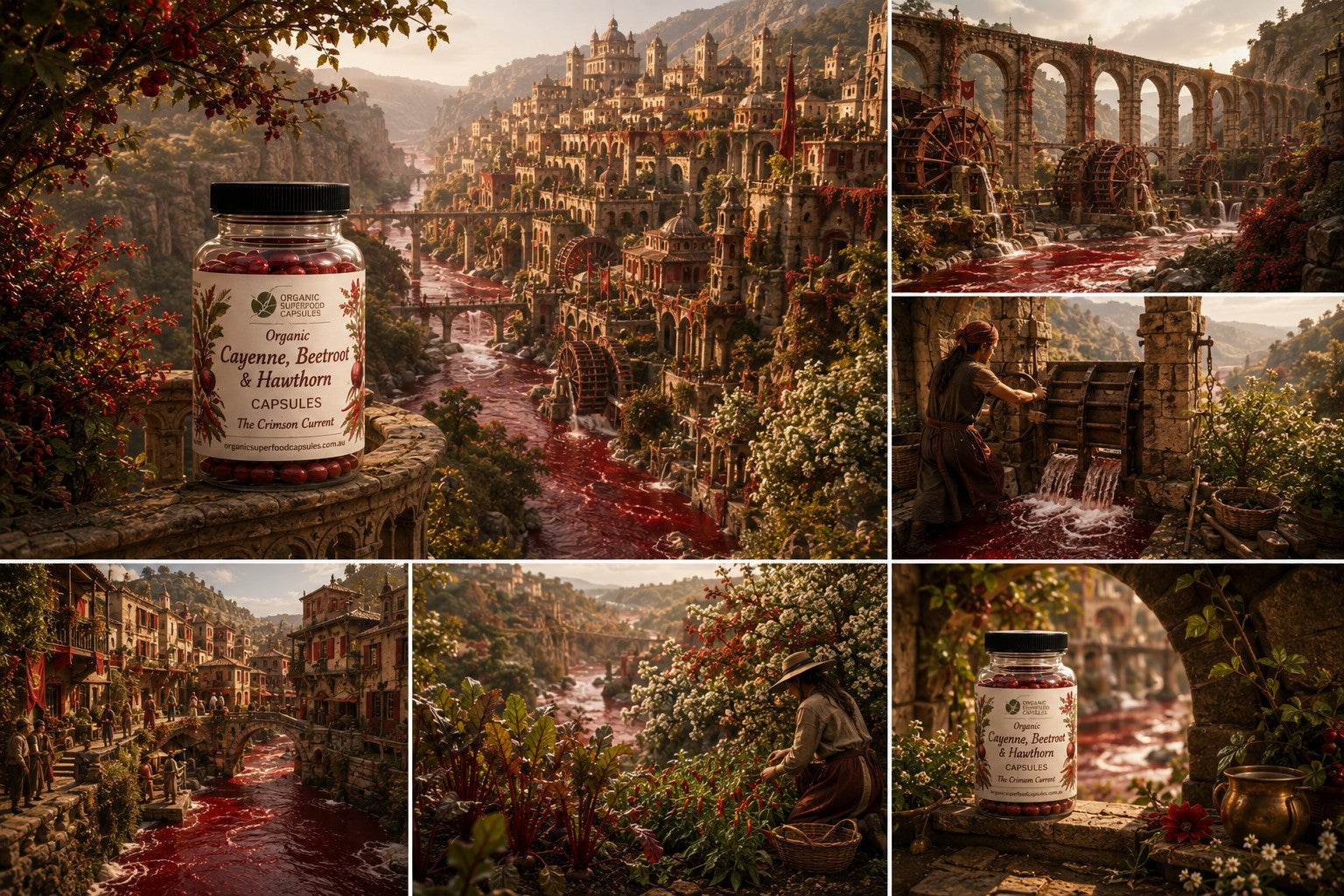 A collage of six panels featuring a jar of Capsicum, Bell Pepper & Hot Pepper capsules placed in front of a dramatic fantasy landscape with stone bridges, ancient ruins, and a river. The product label is visible in several panels, while other panels show the scenic environment in detail.