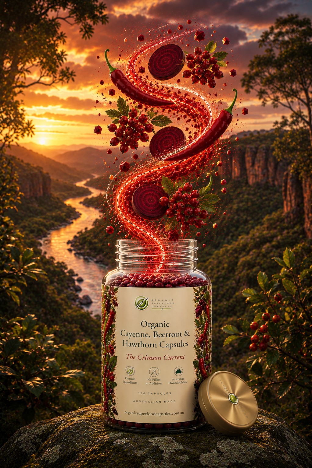 A clear supplement jar labeled 'Organic Cayenne, Beetroot & Hawthorn Capsules' sits on a rock in a scenic outdoor landscape at sunset, with glowing red capsules and ingredients swirling upward from the open jar. A gold-toned lid rests beside the jar.