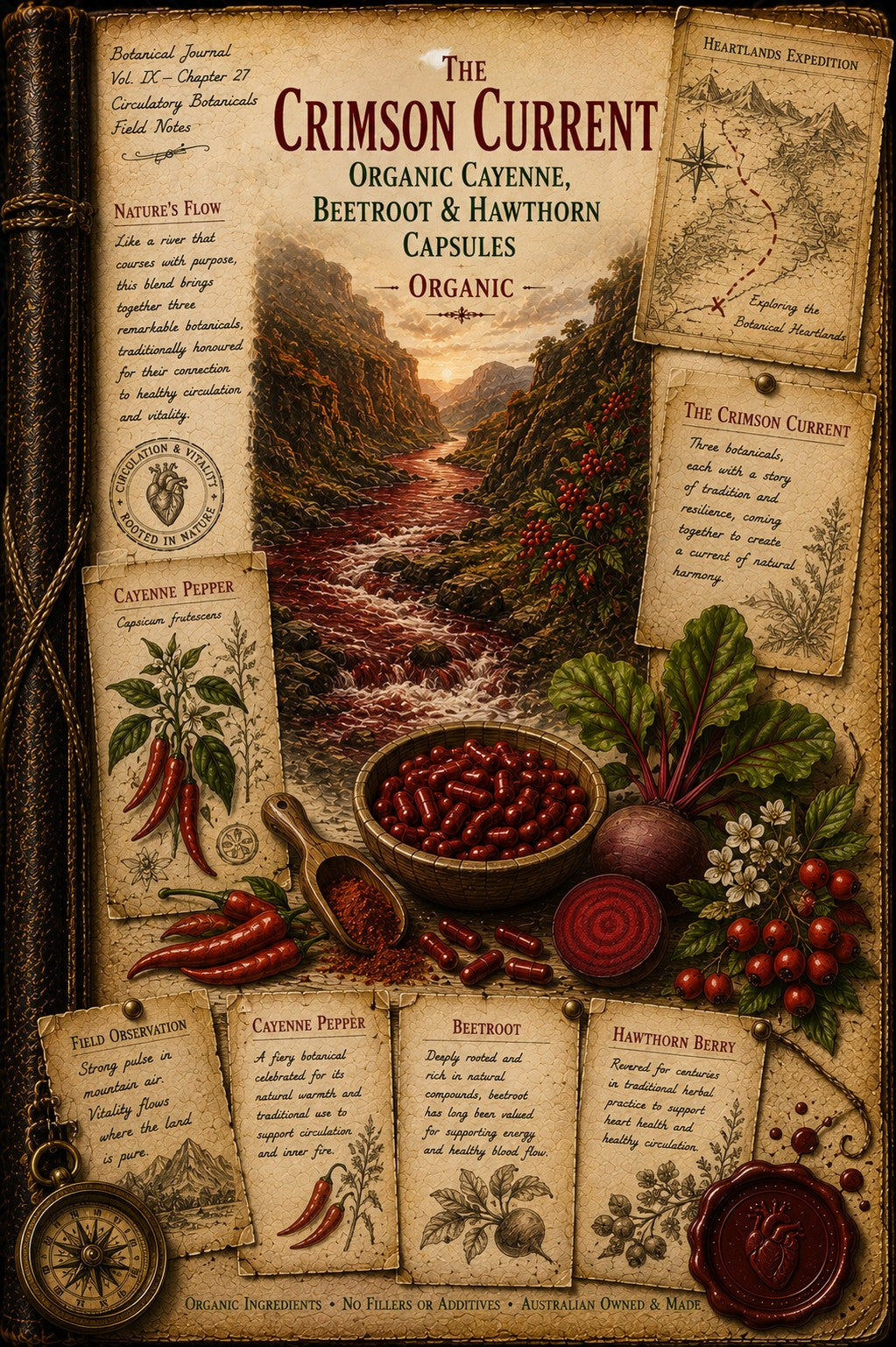 A vintage-style illustrated product card or poster for 'The Crimson Current Organic Cayenne Beetroot & Hawthorn Capsules'. The design features a central scenic illustration of a mountain river, surrounded by illustrated ingredients including red cayenne peppers, beetroots, and fresh herbs, alongside aged parchment notes and a wax seal.