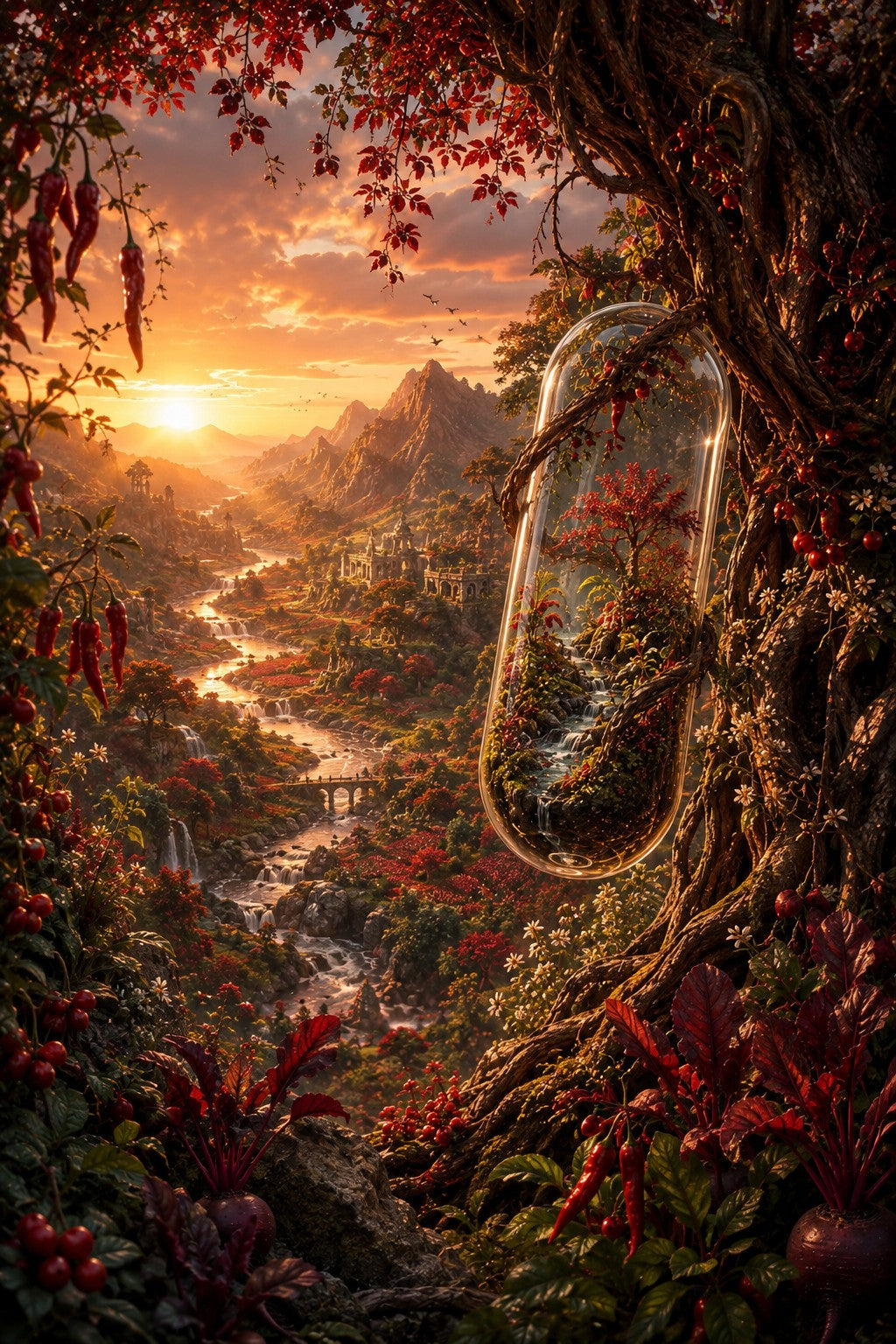 A fantasy landscape artwork showing a sunlit mountain valley with a winding river, dense red foliage, and a large glass dome or terrarium hanging from a tree trunk on the right side.