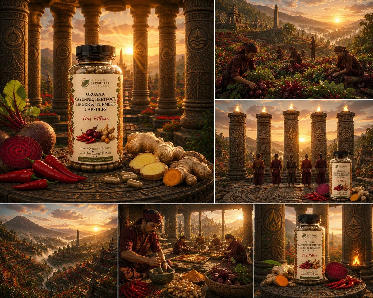 A collage of six panels featuring a bottle of organic turmeric method capsules surrounded by turmeric roots, spices, and chili peppers, set against mystical ancient temple scenes at sunset.
