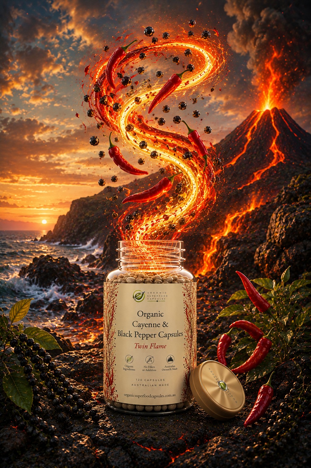 A jar of Organic Cayenne & Black Pepper Capsules stands on a volcanic rocky shore with an erupting volcano and ocean in the background. Red chili peppers and black peppercorns are arranged around the jar, and a swirling trail of fiery red and orange pepper/caperyr imagery rises above the bottle.