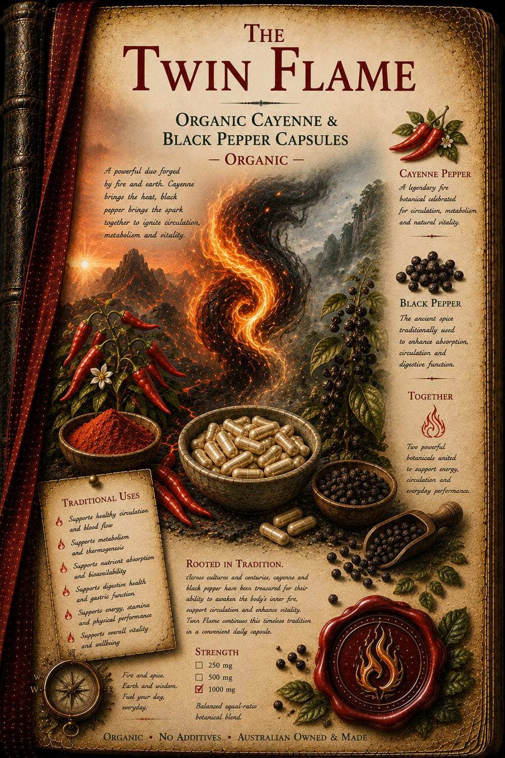 A styled product graphic for 'The Twin Flame' organic cayenne and black pepper capsules. The design mimics an aged, textured book page with a dark red leather bookmark on the left.