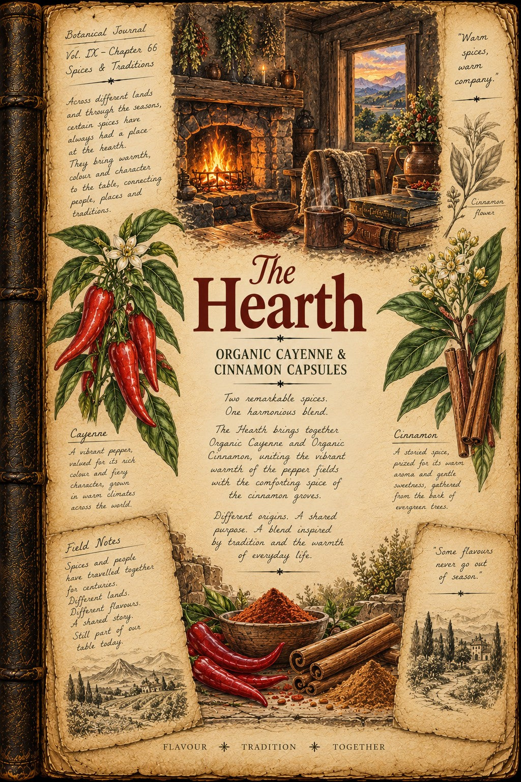 A vintage-style illustrated product card for 'The Hearth Organic Cayenne & Cinnamon Capsules' featuring a rustic cabin fireplace scene, red cayenne peppers, cinnamon sticks, herbs, and flavor notes on an aged parchment background.