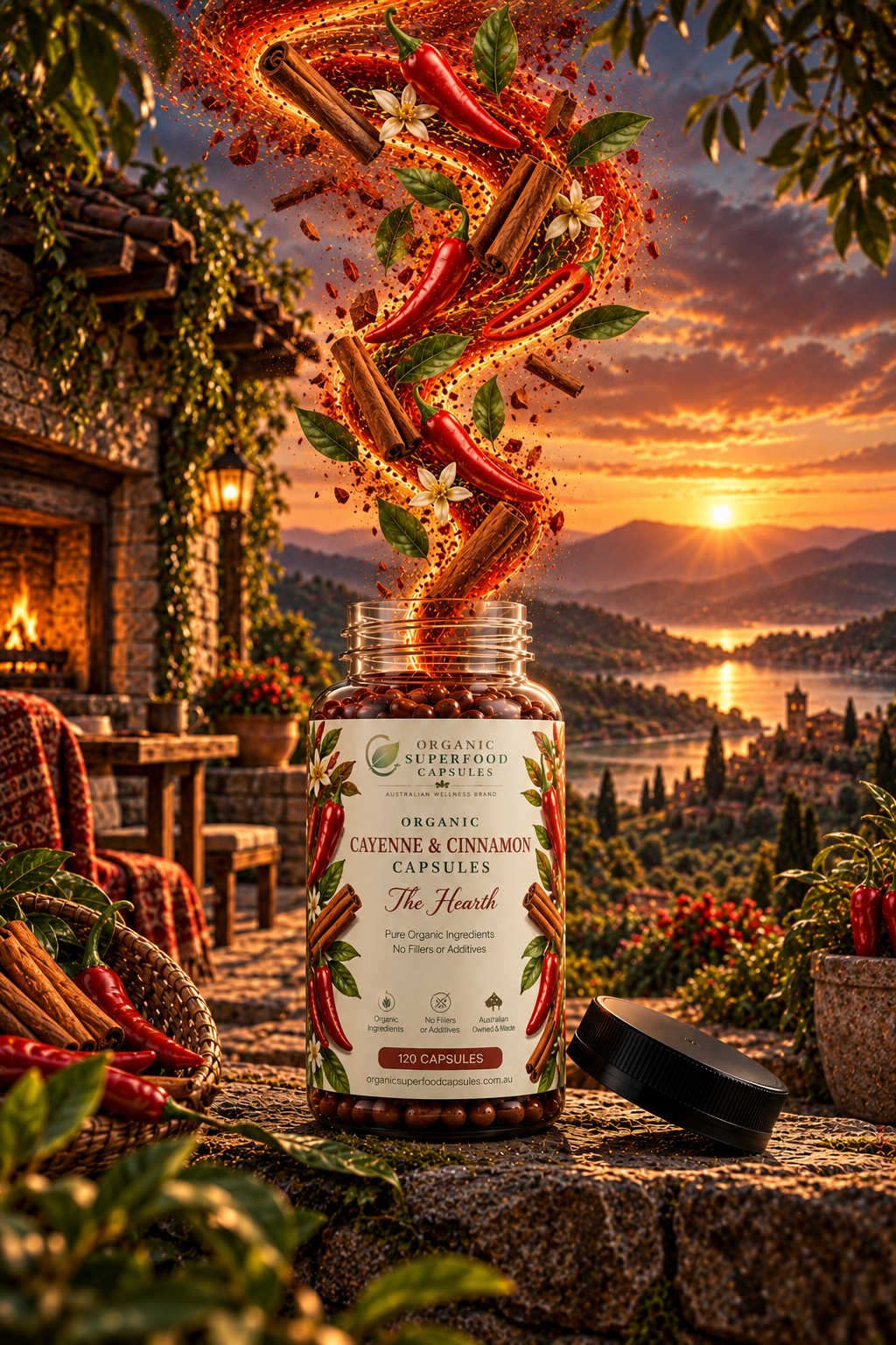 A jar of Organic Superfoods Capsules 'The Hearth' sits on a stone patio in front of a warm sunset landscape. A dramatic swirl of red chili powder, cinnamon sticks, and green herbs spirals out of the open jar, which has its black lid resting beside it.