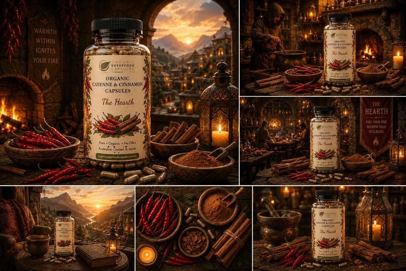 A collage of six warm, atmospheric product photos showing a bottle labeled 'The Heath' organic cinnamon and ginger capsules, surrounded by red chilies, cinnamon sticks, spices, candles, and a scenic mountain village backdrop.
