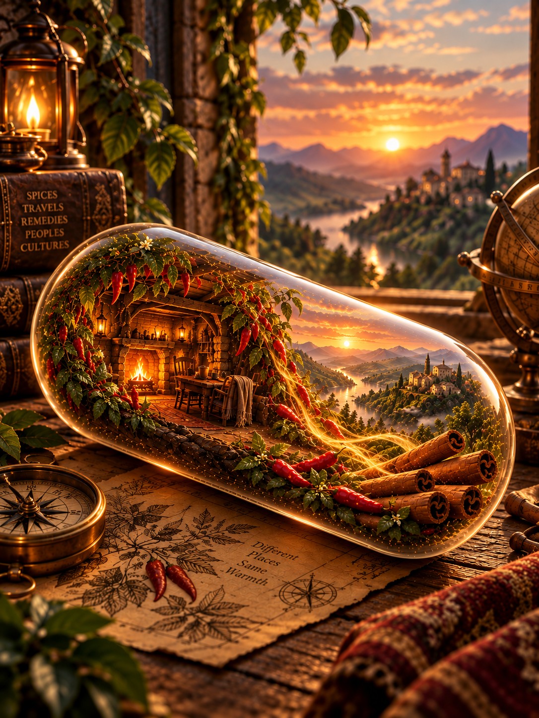 A glass terrarium dome containing a miniature forest scene with glowing fireplaces, red chili peppers, cinnamon sticks, and green foliage, displayed on a rustic table with a compass, lantern, and vintage map in front of a scenic mountain sunset.