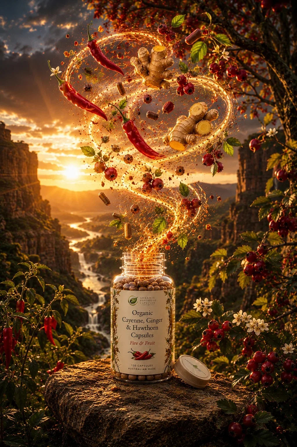 A clear supplement bottle labeled 'Organic Cayenne, Ginger & Hawthorn Capsules' sits on a rock in a canyon landscape at sunset, with glowing golden particles and red chili peppers swirling above it.