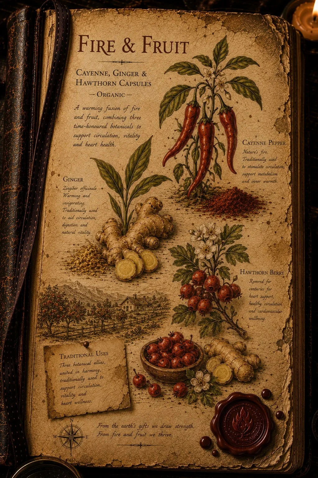 An antique-style illustrated recipe book page titled 'Fire & Fruit' showing vintage botanical drawings of ginger, chili peppers, hawthorn berries, and herbs on aged parchment, with a dark leather-bound book visible on the left.