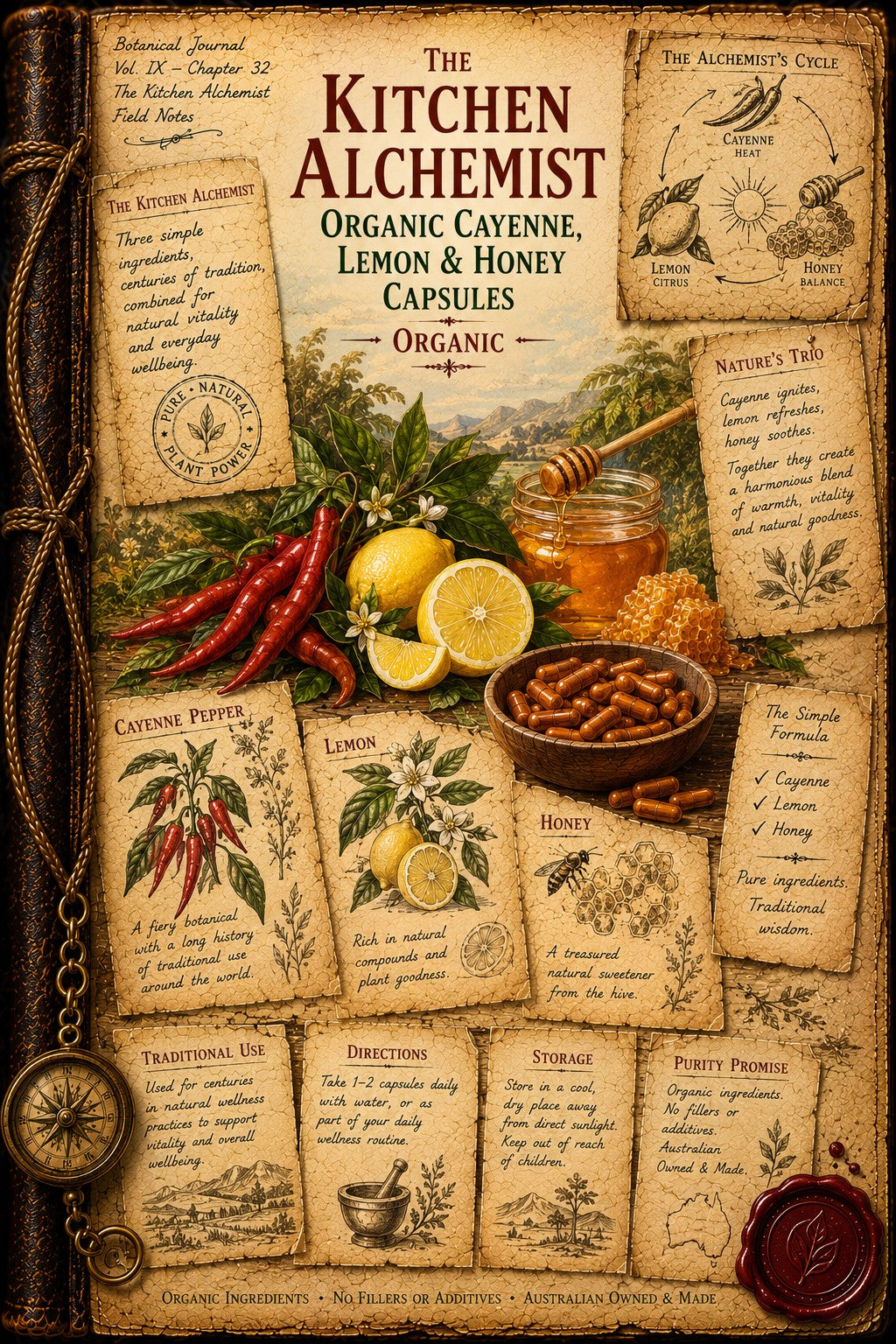 A vintage-style illustrated product card for The Kitchen Alchemist Organic Cayenne, Lemon & Honey Capsules. The design features a parchment background with illustrated recipe cards, a compass, a wax seal, and a central arrangement of red chili peppers, lemons, honey, and capsules.