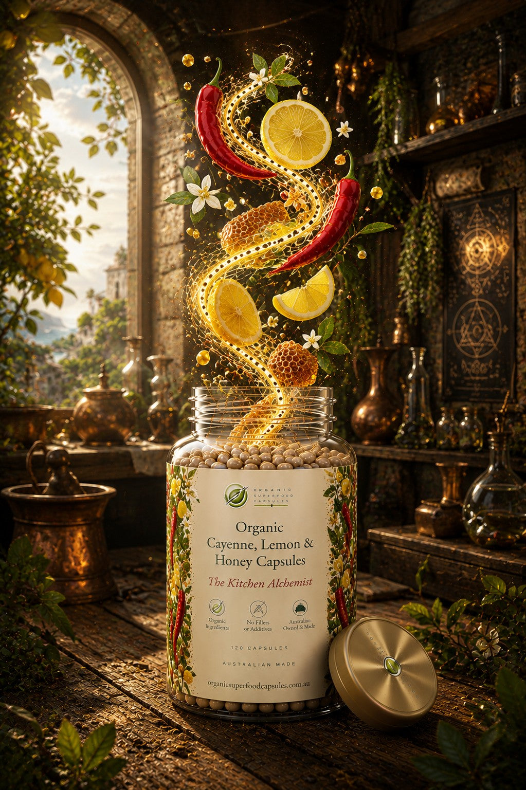 A glass jar of Organic Cayenne, Lemon & Honey Capsules sits on a rustic stone table in a mystical alchemy laboratory. The lid rests beside the jar, and a swirling vortex of glowing golden honey, fresh lemon slices, red chili peppers, and white capsules bursts upward from the open jar.