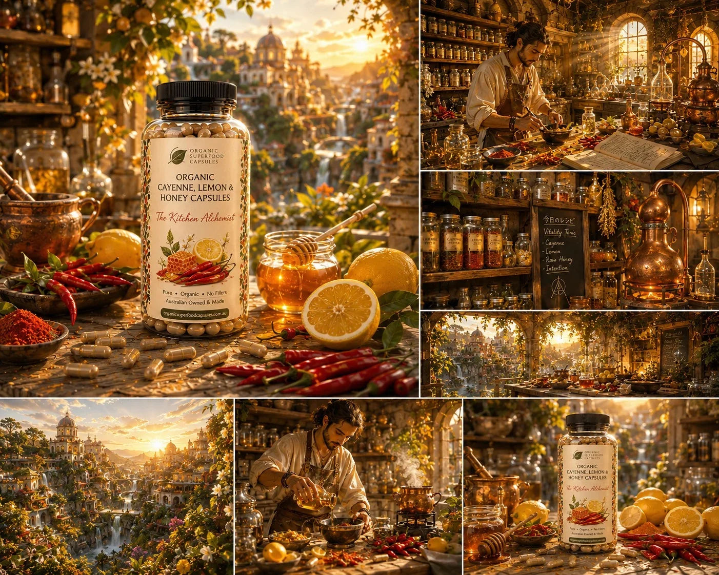 A collage of warm, golden-toned scenes featuring a jar of organic cumin, lemon, and honey capsules prominently in the foreground, surrounded by spices, lemons, and a cozy apothecary-style interior with shelves of bottles and a person working in the background.