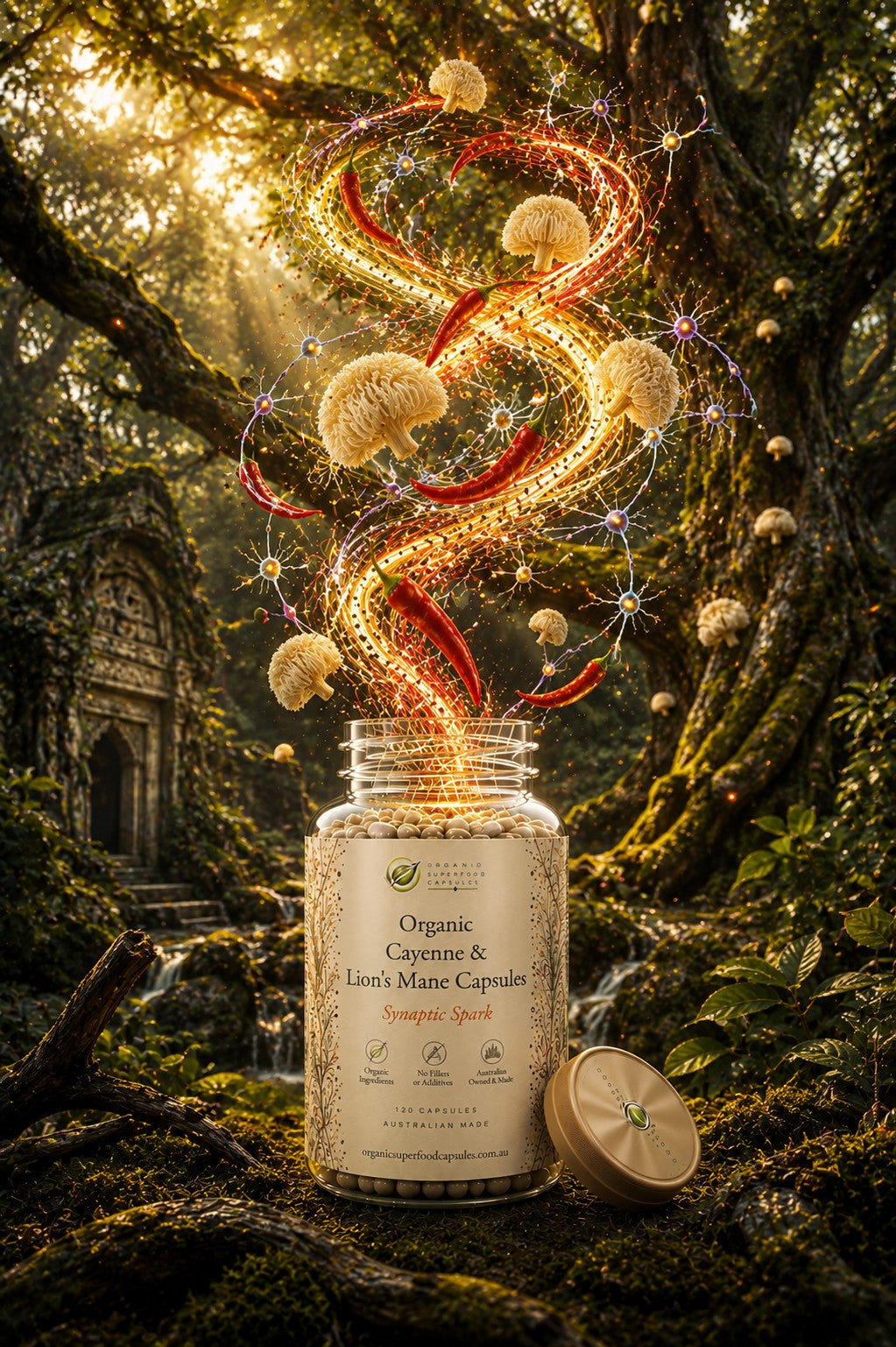 A clear supplement bottle labeled 'Organic Cayenne & Lion's Mane Capsules' stands on mossy forest ground with a forest and stone structure in the background. A swirl of glowing orange, red, and cream light trails rises from the open bottle, with mushroom-like forms and sparkles floating above.