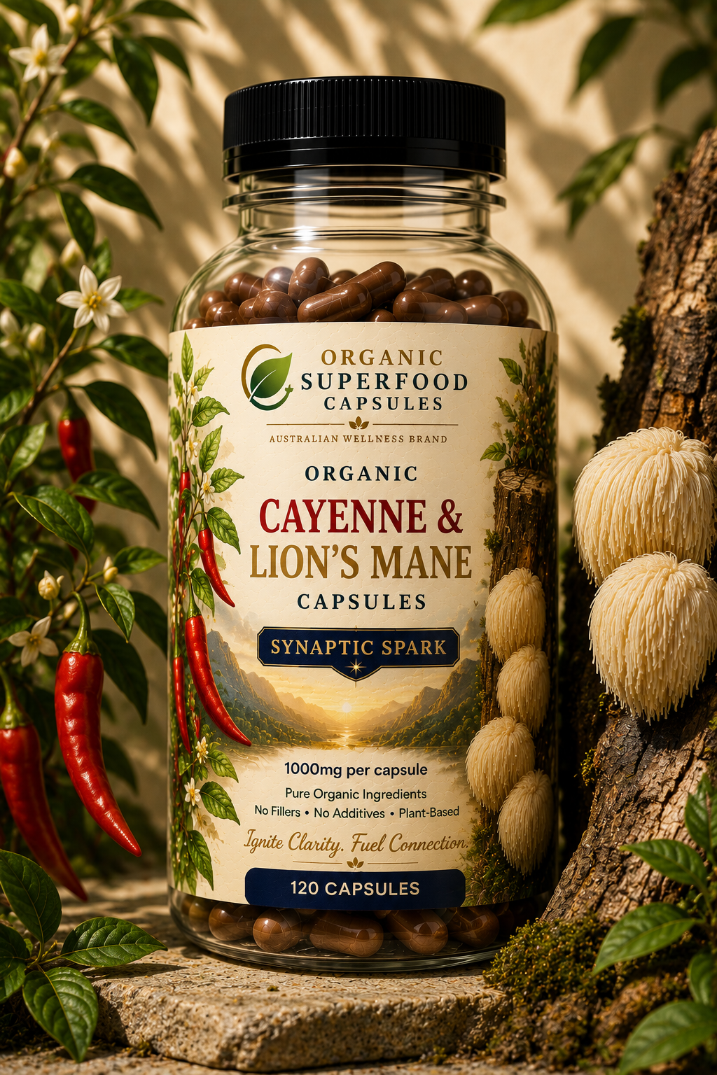 Supplement bottle labeled 'Organic Superfood Capsules' with cayenne and lion's mane ingredients on a natural background. Organic Cayenne & Lion's Mane Capsules | Synaptic Spark
