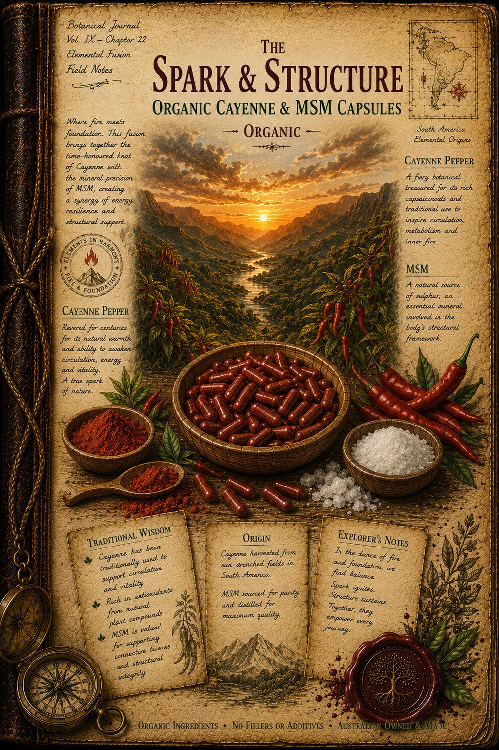 A vintage-style illustrated poster titled 'The Spark & Structure Organic Cayenne & MSM Capsules' showing a scenic mountain sunset, bowls of red cayenne powder and white MSM, scattered red chilies, herbs, parchment notes, and a wax seal on an aged parchment background.