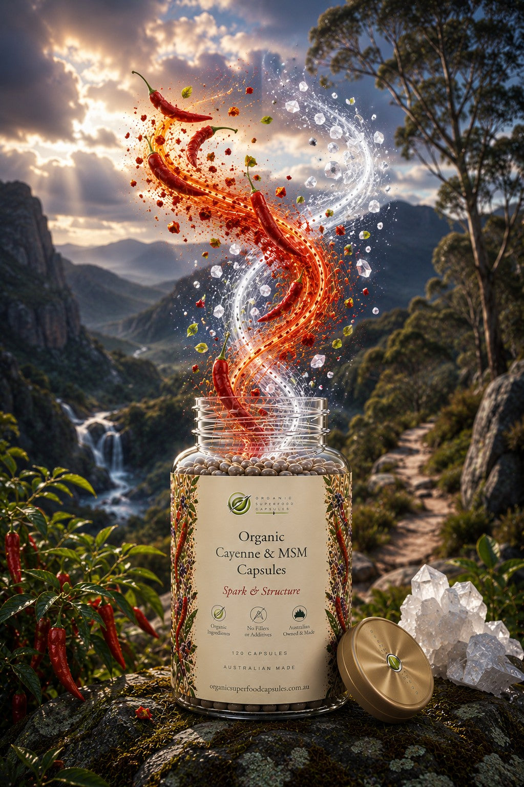 A jar of Organic Cayenne & MSM Capsules stands on a rocky outdoor surface with a mountain landscape and waterfall in the background. Red chili peppers and small colorful particles swirl dramatically from the open jar, and a gold lid rests beside it.