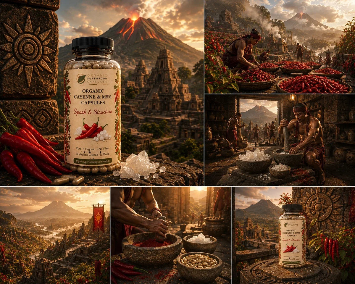 A collage of six warm-toned scenes featuring a bottle labeled 'Organic Cayenne & msm Capsules' surrounded by red chilies, stone bowls, and volcanic landscapes. The product bottle appears in several panels, while other panels show people preparing ingredients and handling red chilies in an ancient mountain setting.