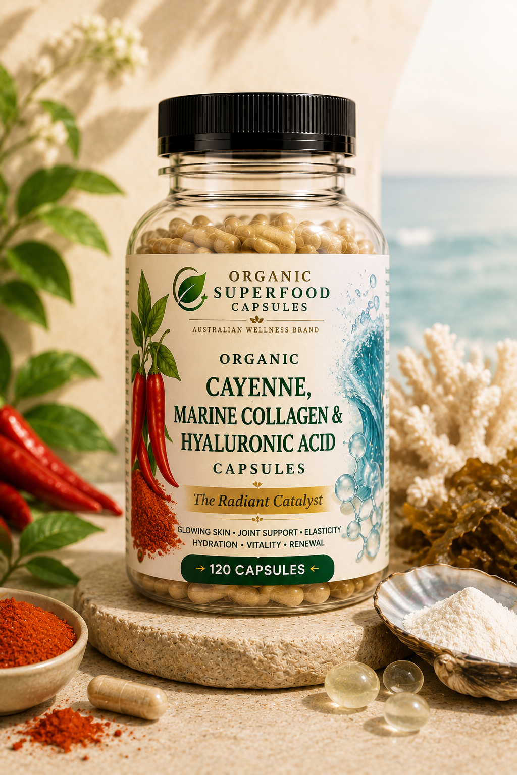 Supplement bottle labeled 'Organic Superfood Capsules' with cayenne, marine collagen, and hyaluronic acid on a natural background. Organic Cayenne, Marine Collagen & Hyaluronic Acid Capsules | The Radiant Catalyst