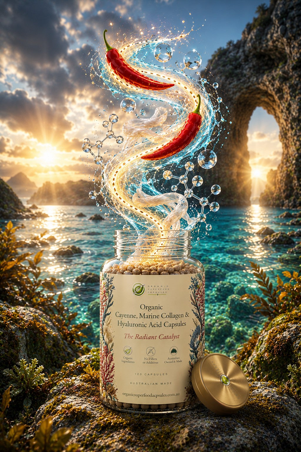 A clear supplement bottle labeled 'Organic Ceramide Matrix Collagens & Hyaluronic Acid Capsules' with its gold cap beside it, set against a dramatic coastal landscape with turquoise water, rocky cliffs, and a glowing sunset. Two red chili peppers burst from the bottle with splashing water and floating bubbles.