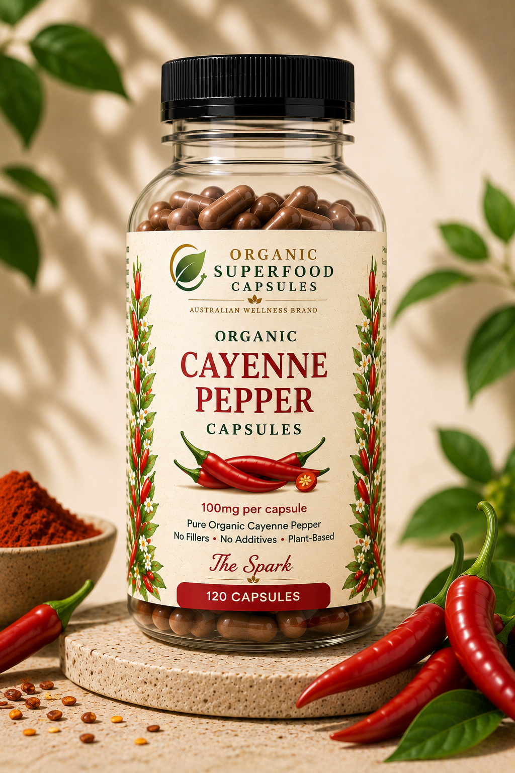 100mg Cayenne pepper capsules in a bottle