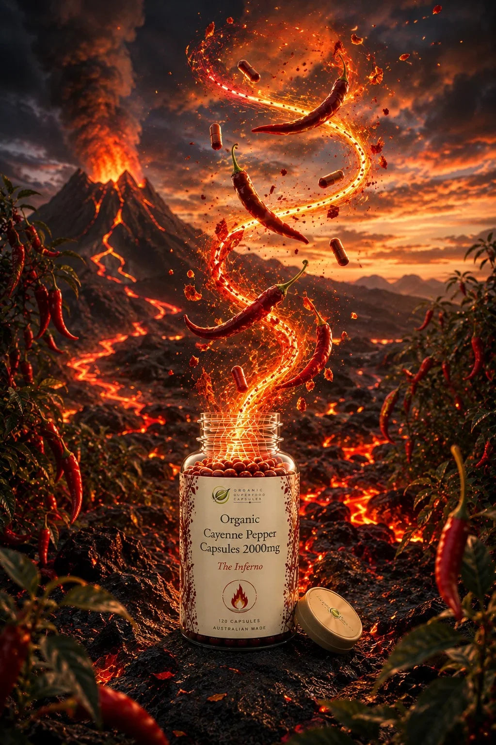 A bottle of organic cayenne pepper capsules labeled 'The Flame' sits in a volcanic landscape with an erupting volcano in the background. Hot red chili peppers swirl and fly out of the open bottle, with additional chili peppers scattered around the rocky ground.