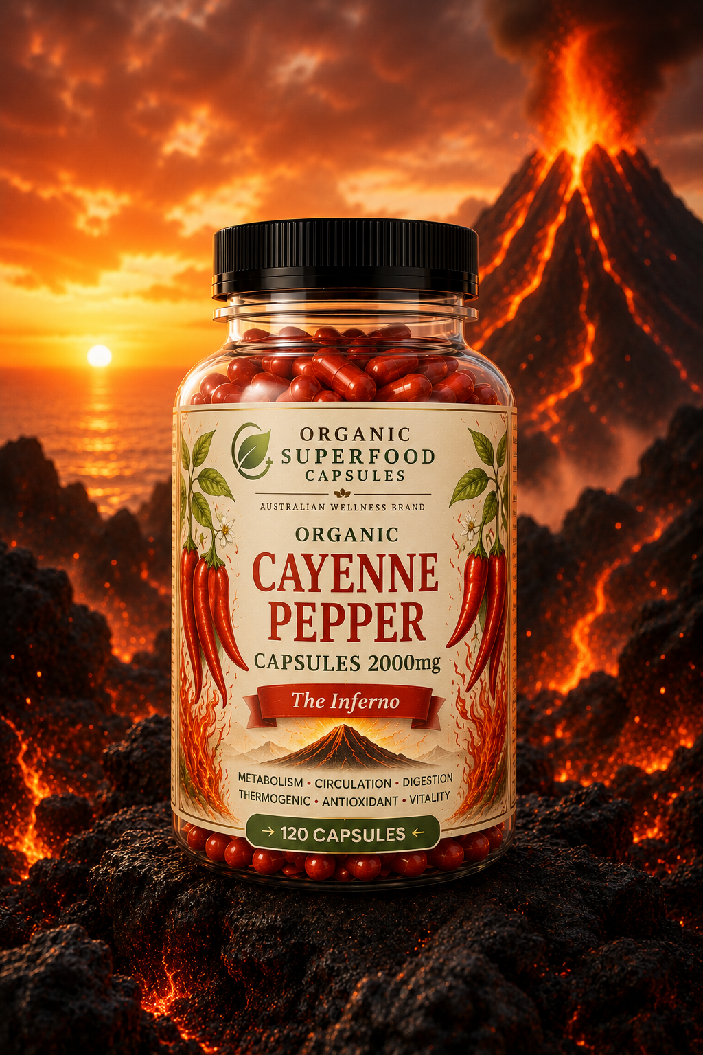 Jar of Organic Superfood Capsules Cayenne Pepper in front of a fiery background. Organic Cayenne Pepper Capsules 2000mg | The Inferno