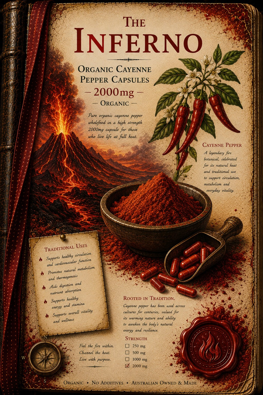 Vintage-style illustrated product card for 'The Inferno' organic cayenne pepper capsules. The design features a fiery volcanic scene, a sprig of red chili peppers with green leaves, a bowl of red pepper powder, red capsules in a scoop, and aged parchment text panels detailing traditional uses and ingredients.