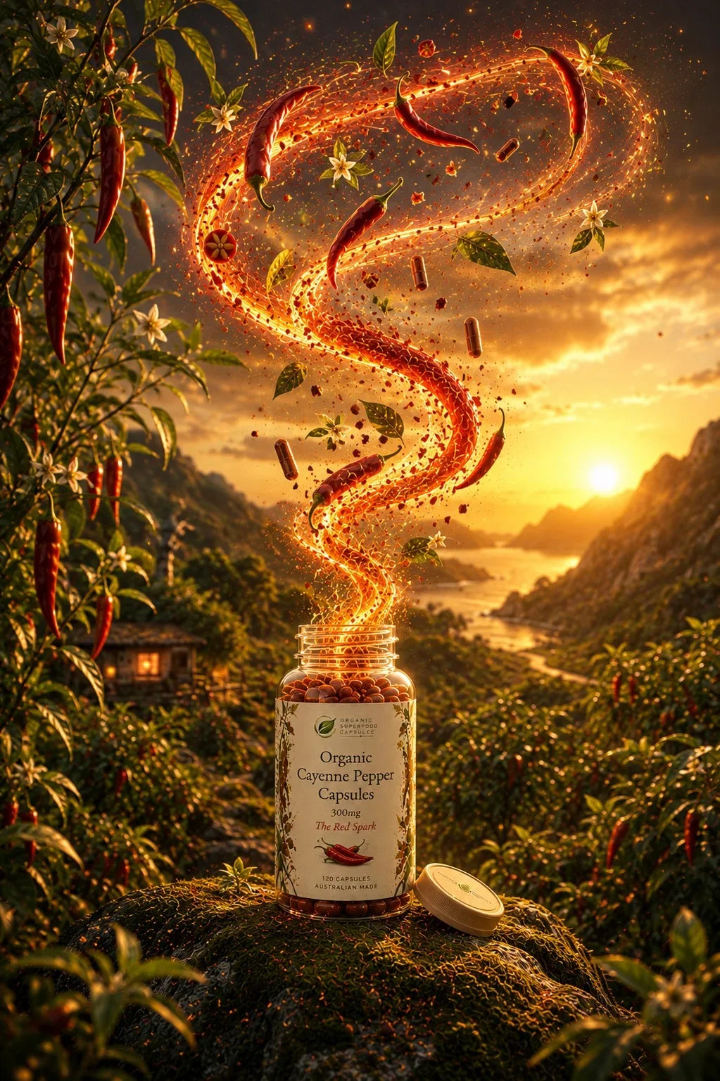 A jar of organic cayenne pepper capsules sits on a mossy rock in a lush outdoor garden at sunset, with chili peppers and fiery red-orange particles swirling dramatically above the container.