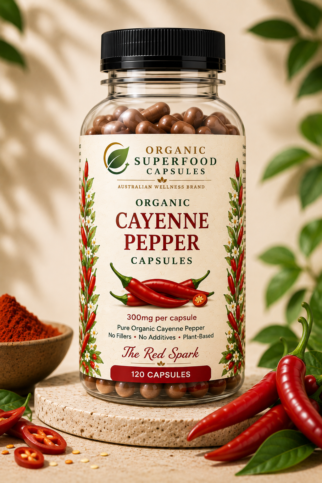 Bottle of Organic Superfood Capsules Cayenne Pepper on a wooden surface with chili peppers and a bowl of red powder. Organic Cayenne Pepper Capsules 300mg | The Red Spark