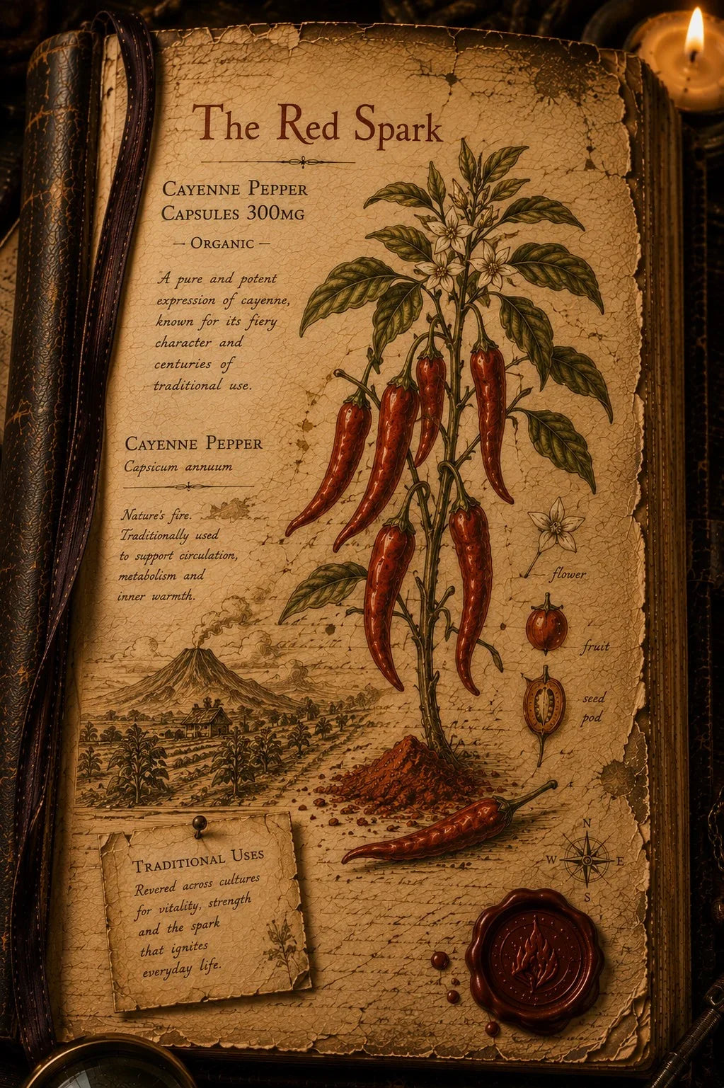 An antique-style illustrated book page titled "The Red Spark" showing a botanical illustration of cayenne peppers, with text about cayenne pepper capsules, a wax seal, and a dark leather-bound book in the background.