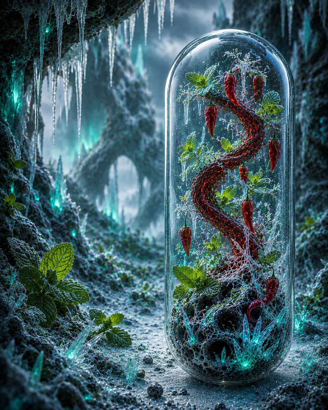 Glass dome with a wavy red object and plants inside, set against a dark, mystical background. Organic Cayenne & Peppermint Capsules | Polar Spark