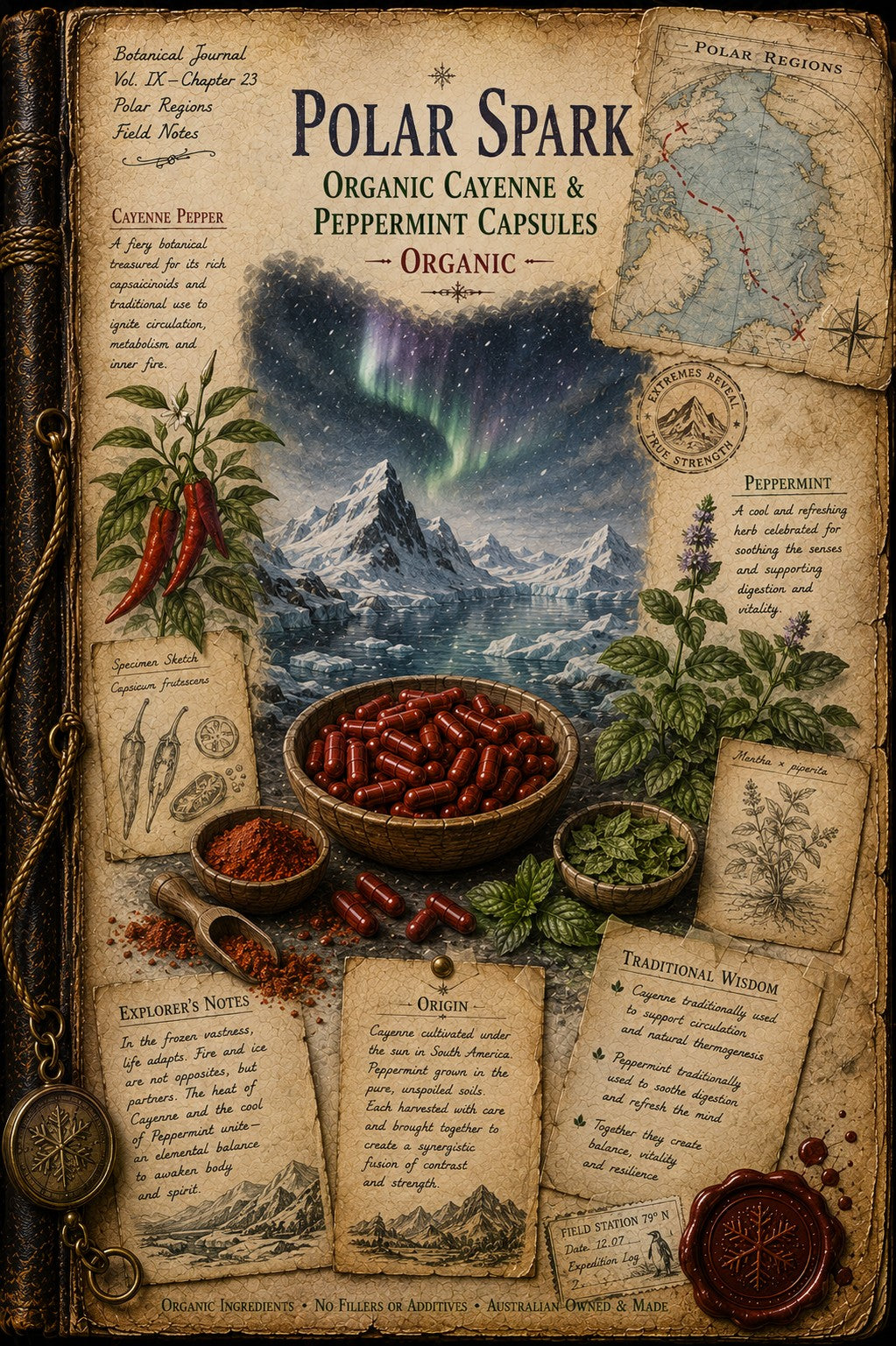 A vintage-style illustrated poster or book page titled 'Polar Spark Organic Cayenne & Peppermint Capsules - Organic,' featuring a mountain landscape with aurora lights, bowls of red and green peppers, illustrated herbs, parchment notes, and a wax seal.