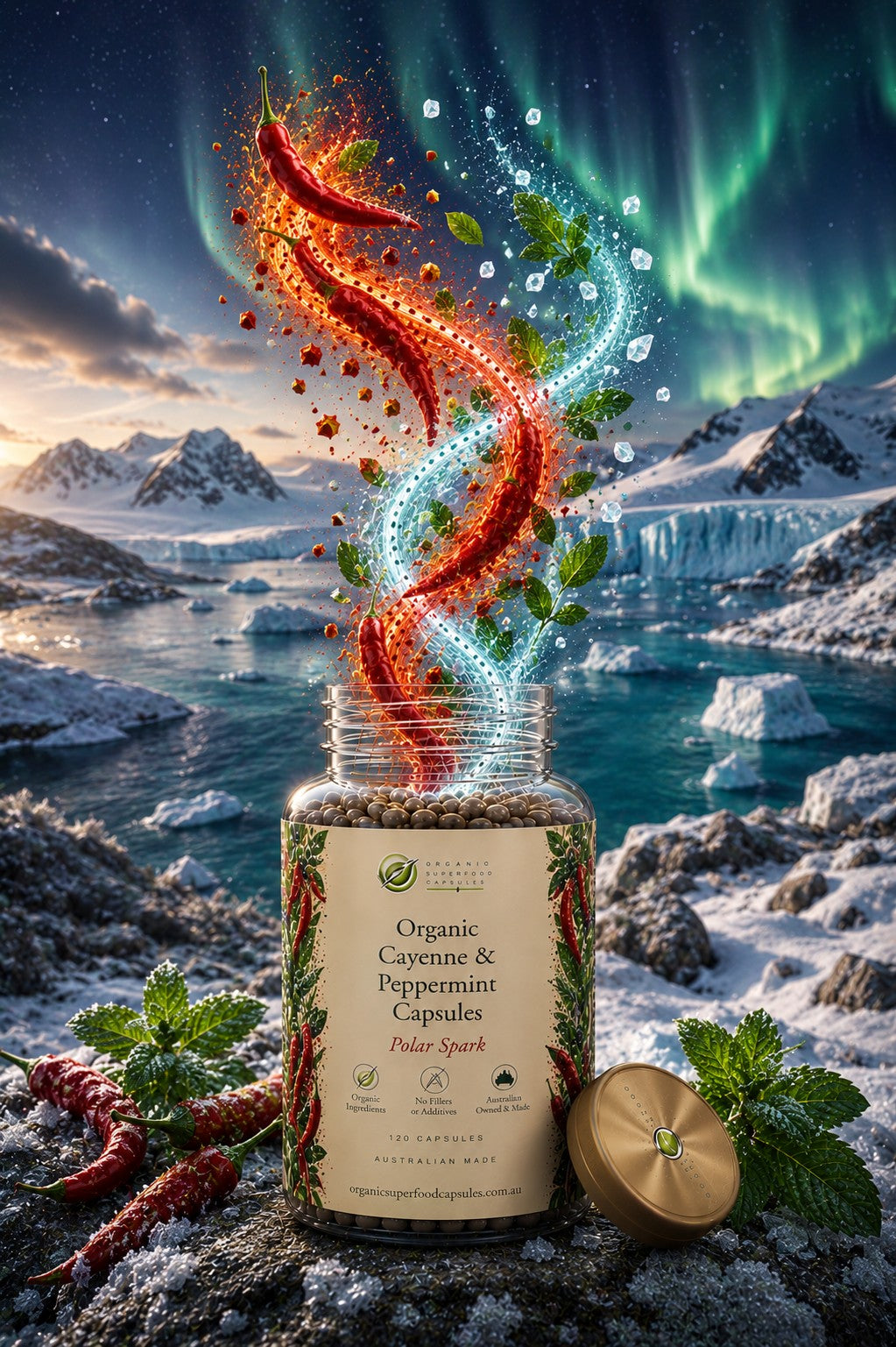 A clear supplement bottle labeled 'Organic Cayenne & Peppermint Capsules' stands on a rocky icy surface with a gold cap beside it. The background is a dramatic polar landscape with aurora lights, mountains, and water.