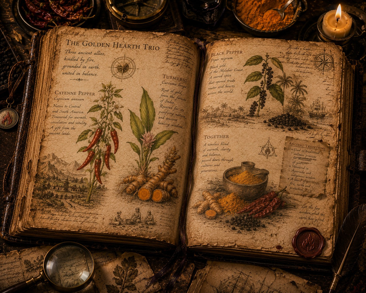 An open antique-style book titled 'The Golden Hearth Trio' spread open on a dark, rustic surface, showing aged parchment pages with botanical illustrations of spices, herbs, and handwritten text. Surrounding the book are candles, magnifying glass, spices, and other vintage objects in warm, dim lighting.