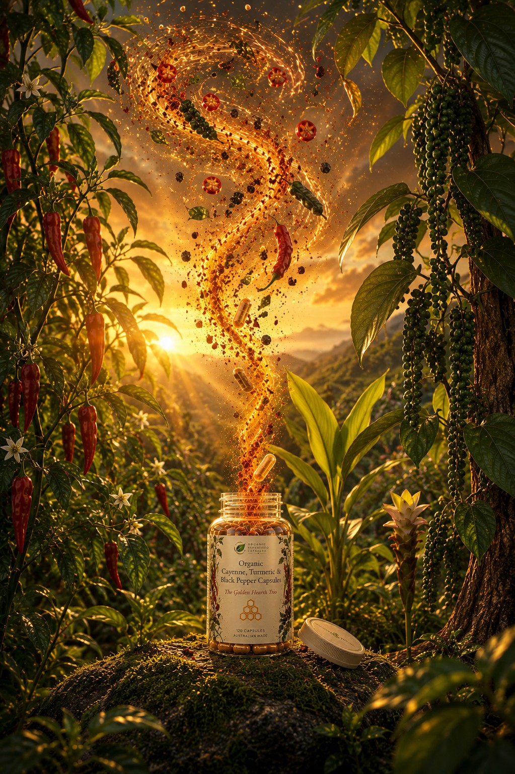 A glass jar of chili pepper sauce sits on a mossy surface in a lush tropical garden at sunset, with a swirling column of glowing orange-red spice rising into the air.