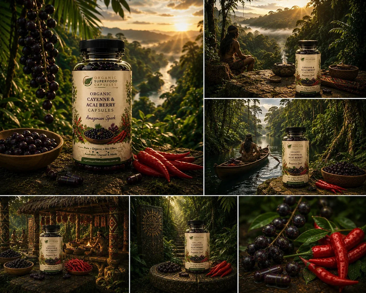 A collage of six lifestyle scenes featuring a bottle of Organic Superfoods Gavenia & Acai Berry Capsules. The product is shown in various natural environments including lush rainforests, misty rivers, and campfires, alongside ingredients like acai berries, red chilies, and dark chocolate.