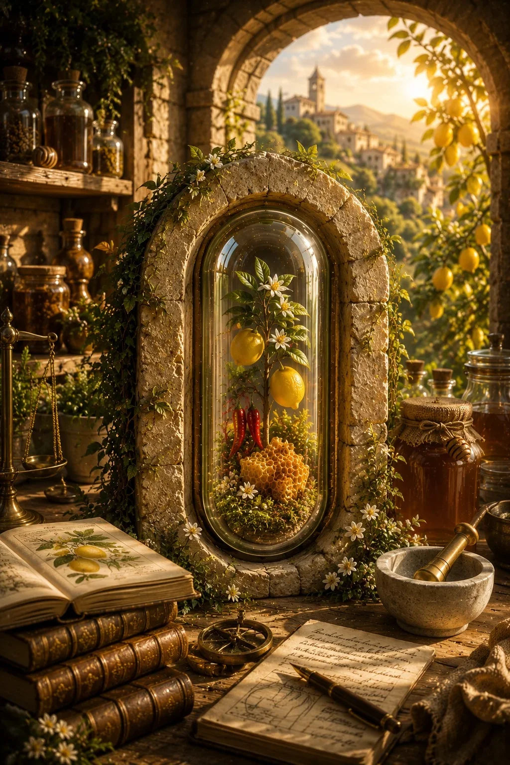 Vintage-style interior with stone arch, books, and a window view of a village. Organic Cayenne, Lemon & Honey Capsules | The Kitchen Alchemist