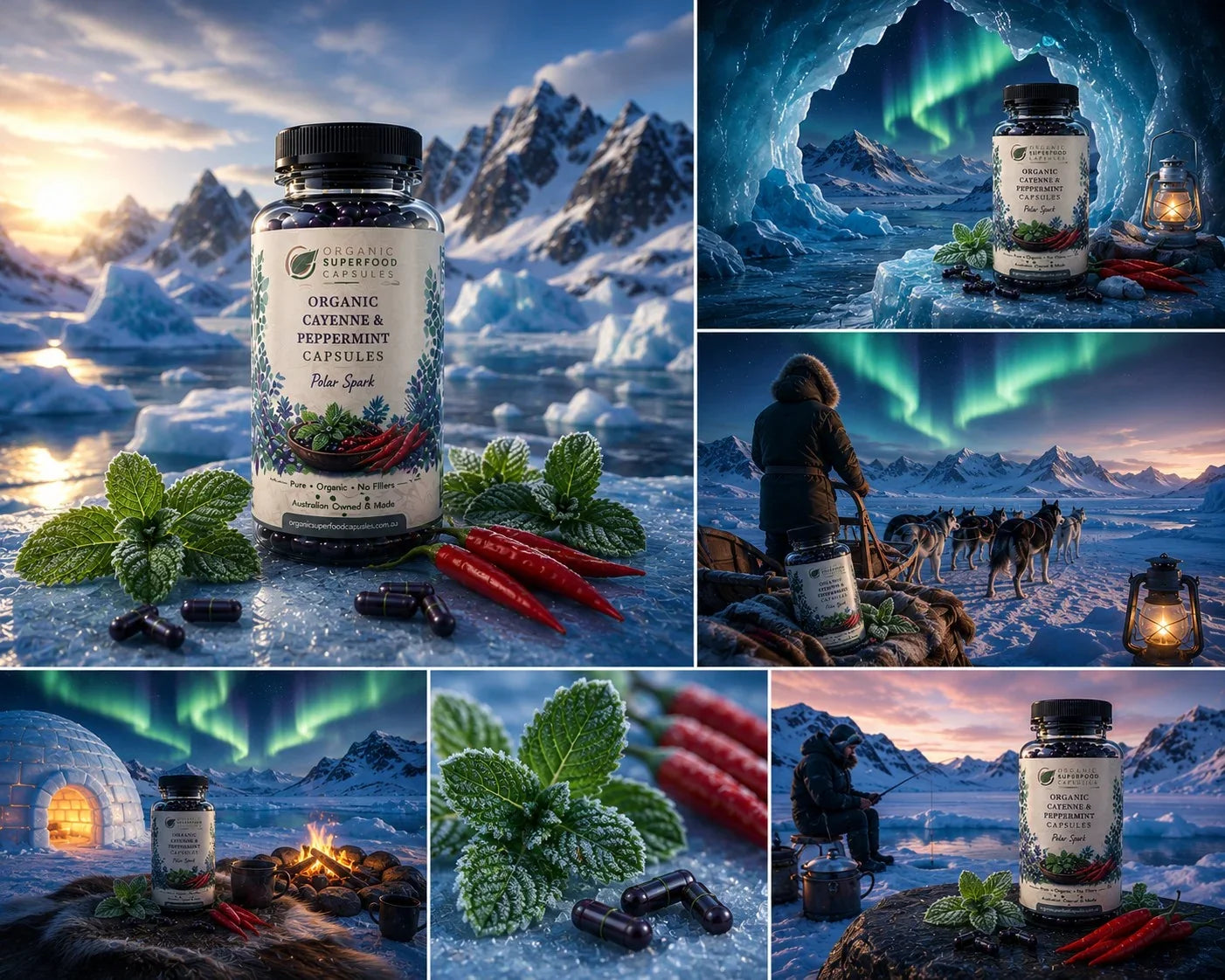 A collage of six outdoor scenes featuring a bottle of Organic Cayenne & Pepper Shot capsules surrounded by peppercorns, mint leaves, and black capsules on icy snowy landscapes with aurora lights, an igloo, and a dog sled.