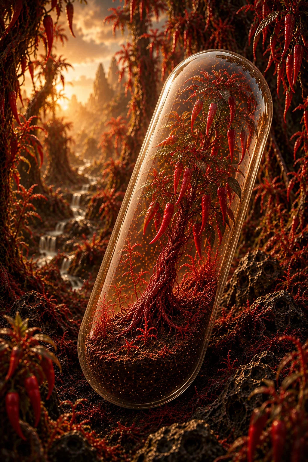 Glass dome enclosing a red plant-like creature in a fantasy forest setting. Organic Cayenne Pepper Capsules 100mg | The Spark