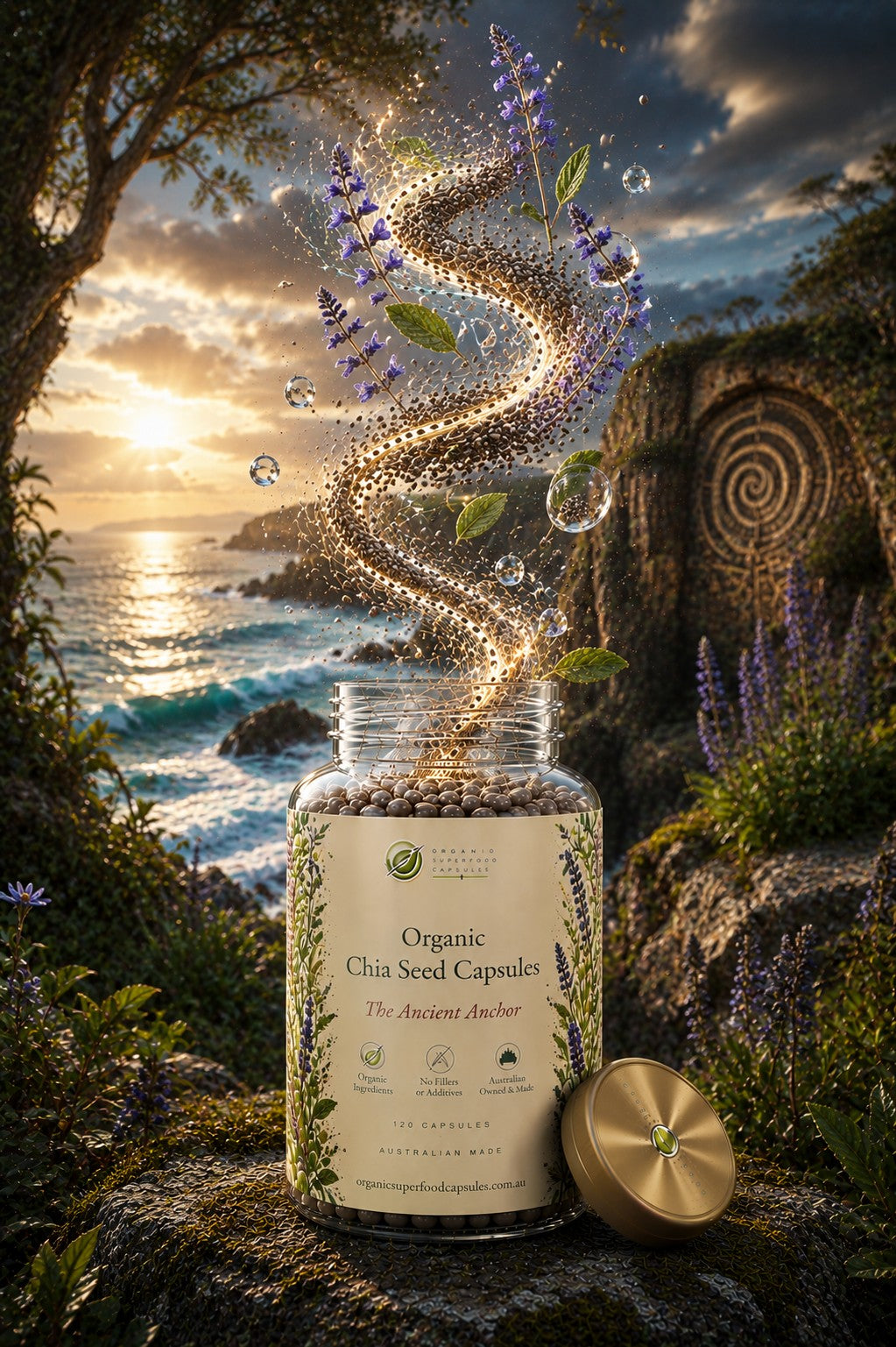 A jar of Organic Chia Seed Capsules with its gold lid resting beside it, set against a dramatic coastal sunset background. The jar features a cream-colored label with green botanical illustrations and text.