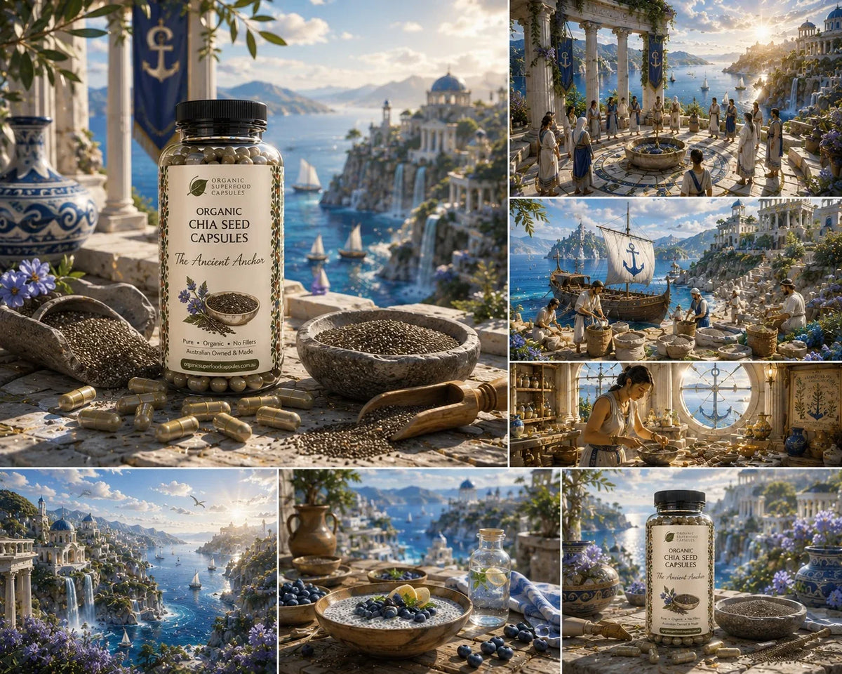A collage of scenic coastal and nautical artwork with a central product shot of a jar labeled 'Organic Chia Seed Capsules' and 'The Ancient Anchor.' The surrounding panels show blue sea, ancient ruins, ships, and stone bowls with chia seeds.
