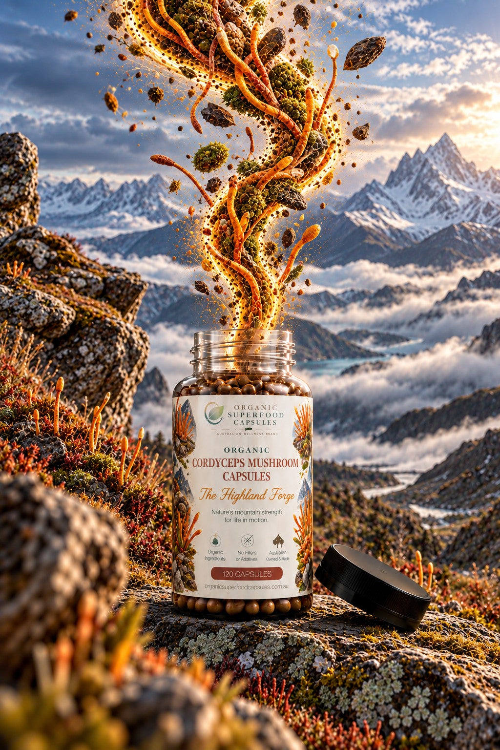 A bottle of Organic Cordyceps Mushroom Capsules stands on a rocky mountain path with a scenic alpine landscape in the background. A black lid lies beside the bottle, and a swirling burst of golden-orange spore-like material rises from the open bottle.