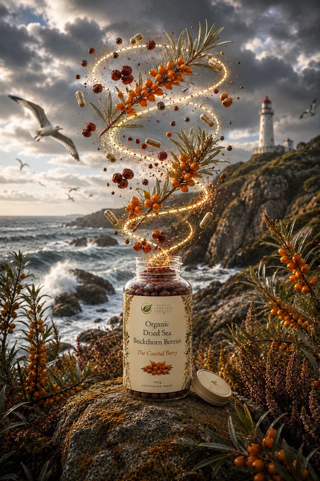 A bottle of organic dried sea buckthorn berries stands on a rocky seaside cliff with the ocean, stormy sky, seagulls, and a lighthouse in the background. A swirling spiral of glowing golden light and floating berries surrounds the open bottle, creating a dramatic fantasy effect.