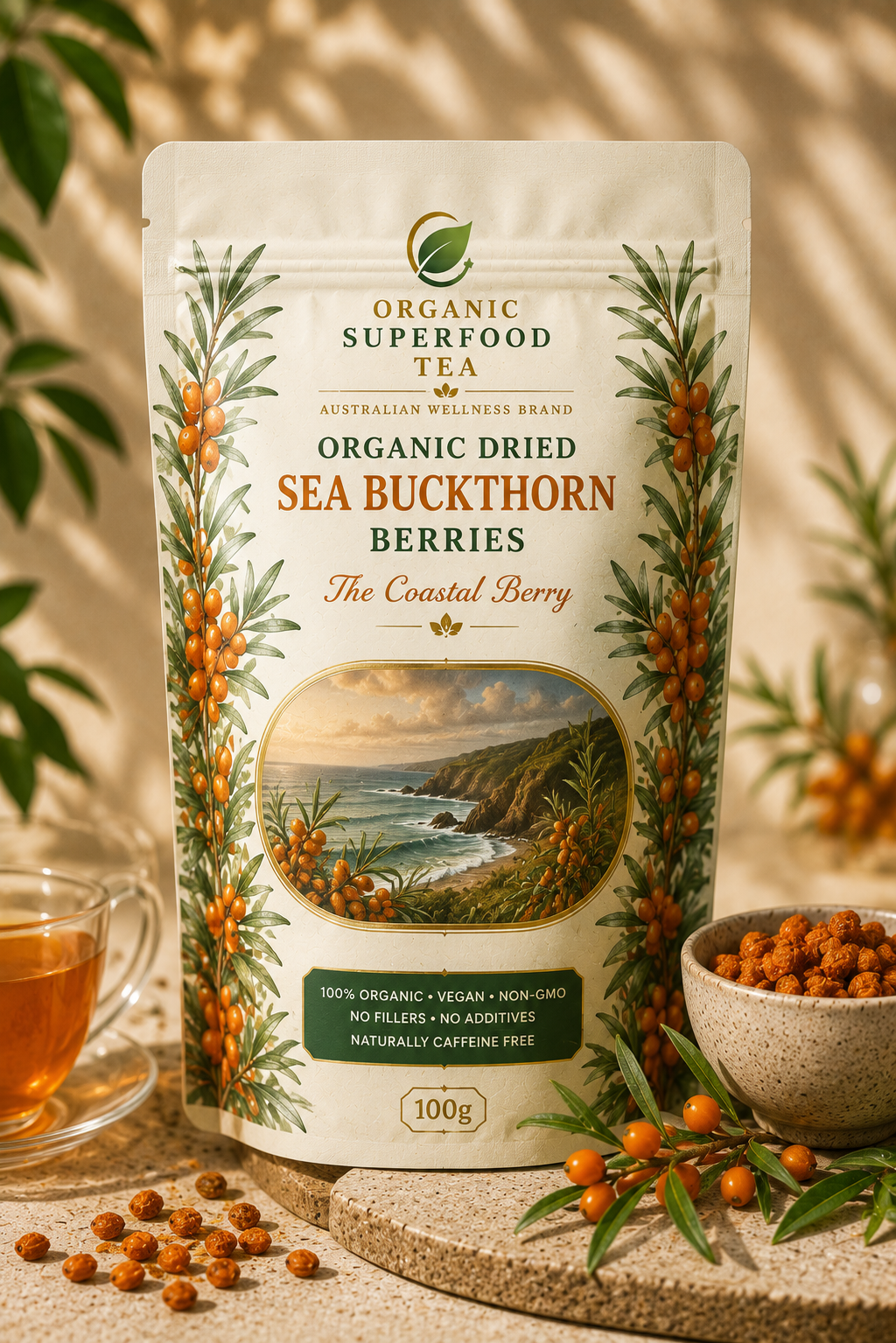 Packaging of Organic Superfood Tea with sea buckthorn berries on a wooden surface. Organic Dried Sea Buckthorn Berries 100g | The Coastal Berry