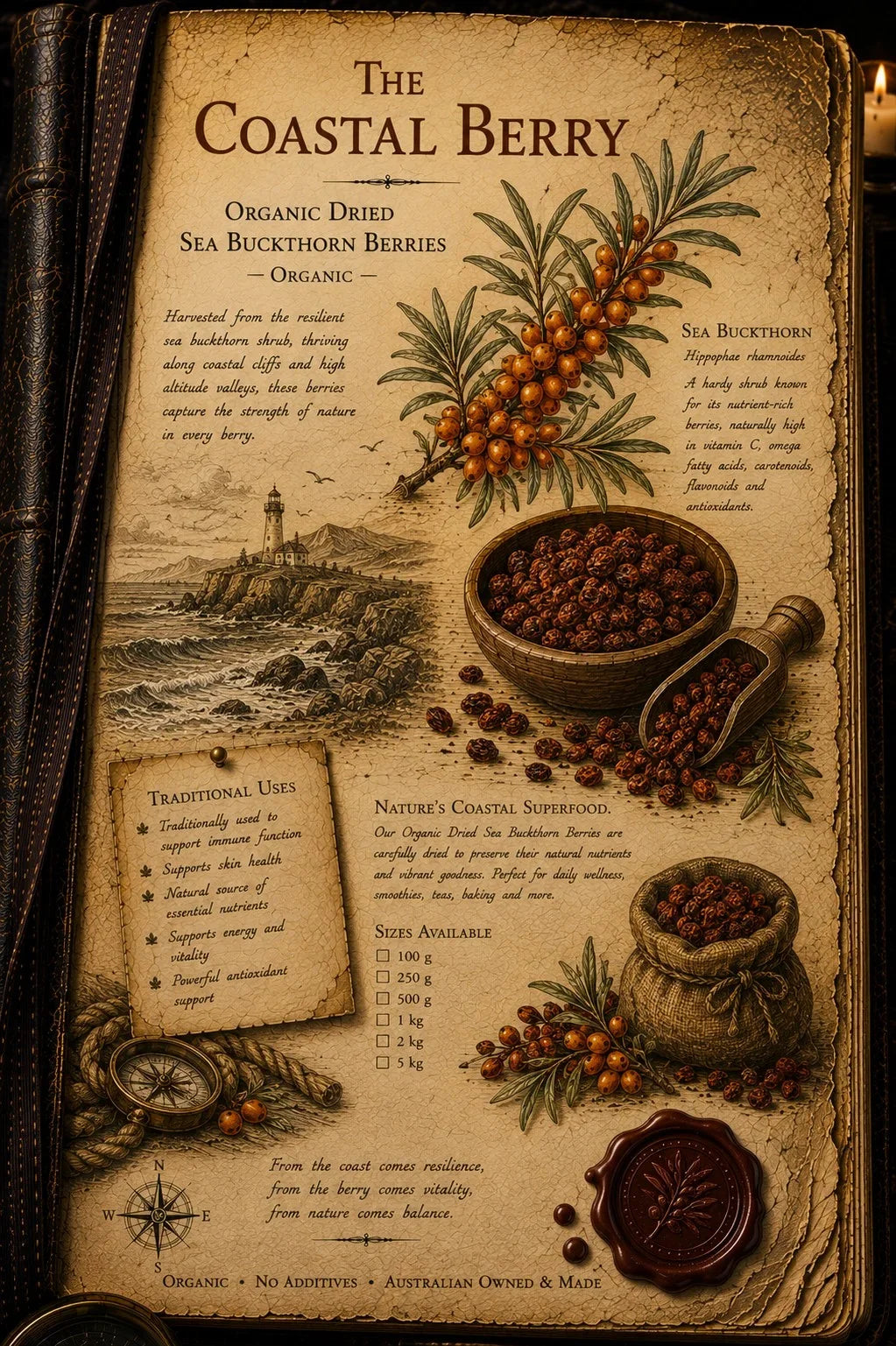 An antique-style illustrated recipe card titled 'The Coastal Berry' featuring vintage botanical drawings of sea buckthorn berries, a lighthouse scene, traditional uses, and a wax seal, displayed on a dark leather-bound book.